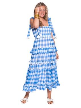 Sundress Blue Gingham Tiered Maxi Dress XS